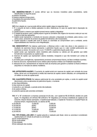 145) (MEMÓRIA/1999-SP) É correto afirmar que os recursos investidos pelos proprietários, serão
    classificadas no seguinte grupo:
a) passivo circulante;
b) passivo exigível a longo prazo;
c) resultados de exercícios futuros;
d) patrimônio líquido;
e) n.d.a.

147) Com relação ao o que se pode afirmar sobre capital, julgue os seguintes itens
 É o conjunto de bens e direitos aplicados no ativo, tratando-se no caso de capital total à disposição da
   entidade.
 Capital social é o mesmo que capital nominal menos capital a integralizar
 O capital de terceiros mais o capital próprio é igual ao somatório das origens de recursos e este por sua vez
   é igual ao total das aplicações
 Capital social representa o montante de recursos colocado a disposição da entidade, pelos sócios, e em
   certos casos, acrescido do produto da gestão formalmente a ele incorporados.
 Capital subscrito é aquele pelo qual os sócios ou acionistas se comprometem com a entidade, sendo
   responsabilidade dos mesmos a sua integralização.

148) (INSS/CESPE-97) No balanço patrimonial, a diferença entre o valor dos ativos e dos passivos e o
    resultado de exercícios futuros representa o patrimônio líquido que é o valor contábil pertencente aos
    acionistas ou sócios. De acordo com a Lei n.º 6.404/76, o patrimônio líquido pode incluir
1. capital social, que representa valore recebidos pela empresa ou valores por ela gerados que estão
    formalmente incorporados ao capital social.
2. reservas de capital, que representam valores recebidos, inexigíveis e que não transitam por contas de
    resultado.
3. provisões para contingências, representando prováveis compromissos futuros, de fatos contábeis ocorridos.
4. reservas de lucros, representando lucros obtidos pela empresa e retidos com finalidade específicas.
5. estoques de ouro, representando as reservas reais da empresa para garantir ou lastrear os títulos emitidos e
    adquiridos no mercado de valores mobiliários.


149) (AFPS/CESPE-Unb/2001) O aumento do capital social com reservas de capital, sem emissão de novas
   ações, dá-se com um lançamento à crédito das reservas de capital a serem utilizadas, em contrapartida de
   um débito na conta de capital social.

150) (Unb/CESPE-STM-99) No balanço patrimonial de uma sociedade por ações, a conta do capital social
    discriminará, entre os elementos do patrimônio líquido, o montante
a) das disponibilidades.
b) das reservas de capital.
c) subscrito e, por dedução, a parcela ainda não-realizada.
d) de ações emitidas.
e) subscrito apenas pelo acionista controlador.


151) “A” e “B” constituíram a empresa comercial A & B Ltda., com capital de R$ 20.000,00, dividido em parte
    iguais. “A” integralizou em dinheiro R$ 5.000,00 e “B” integralizou em imóveis a totalidade do capital por ele
    subscrito. Depois dessas operações, o Capital social realizado, o Capital de Terceiros e o Capital Próprio da
    empresa tinham, respectivamente, os valores de R$:
a) 20.000,00                   15.000,00                5.000,00
b) 20.000,00                   ZERO                     20.000,00
c) 15.000,00                   ZERO                     15.000,00
d) 15.000,00                   15.000,00                ZERO
e) 20.000,00                   5.000,00                 15.000,00

152) (TRT-4ª/ANAL.JUD.-2001) O capital subscrito e realizado pelo titular, sócio ou acionista é considerado
    capital próprio em virtude do princípio ou convenção
(A) do conservadorismo.
(B) da continuidade.
(C)da entidade.
(D)da realização das receitas.

                                                                                                                     11
 
