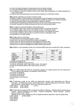 b) a soma dos saldos devedores é sempre igual à soma dos saldos credores;
c) a soma das despesas (débito) é sempre igual à soma das receitas (crédito)
d) a um débito ou a mais de um débito, numa ou mais contas, deve corresponder um crédito equivalente em
    uma ou mais contas;
e) o total do Ativo será sempre igual à soma do Passivo Exigível com o Patrimônio Líquido.

292) Assinale a alternativa que contém a assertiva correta.
a) "Salários a Pagar" é conta de despesa, pois representa a parte dos salários que ainda não foi paga;
b) "Fornecedores" tem saldo credor, porque representa um débito da empresa e um crédito de terceiros;
c) "Clientes" tem saldo devedor, porque representa um débito da empresa;
d) "Fornecedores" representa uma divida da empresa, por isso é uma conta de saldo devedor;
e) "Clientes" representa um direito da empresa por isso é uma conta de saldo credor.

293) Em relação às contas de Resultado, pode-se afirmar que:
a) uma despesa, paga à vista, provoca uma redução de Ativo e um aumento de Passivo;
b) uma despesa, paga à vista, provoca uma redução no Ativo e na Situação Líquida;
c) uma receita, recebida á vista, provoca um aumento de Ativo e uma redução de Passivo;
d) uma receita, recebida à vista, provoca um aumento no Ativo e na Situação Líquida
e) as alternativas b e d estão corretas.

294) O saldo credor da conta Caixa:
a) é inadmissível numa escrituração regular e correta;
b) pode ocorrer nos casos de fornecimento de vales a empregados;
c) pode ocorrer nos casos de omissão de escrituração de compras á vista;
d) pode ocorrer nos casos de lançamento em duplicidade de vendas à vista;
e) pode ocorrer nos casos de desfalques de dinheiro sofridos pela empresa.

295) Identificar a única operação ocorrida com a Empresa XMW entre dois momentos (M1 e M2), sucessivos.

                              Ativo R$                                    Passivo R$
                               M1         M2                               M1             M2
     Caixa                     200       320 Fornecedores                  400            400
     Clientes                     -       40 PL
     Mercadorias               800       600 Capital                     1.000         1.000
     Máquinas.                 400       400 Prejuízo                     -              (40)
     Total                   1.000      1360                             1.400         1360
a) redução do Capital Social;
b) venda de mercadorias, à vista, com lucro;
c) venda de mercadorias, parte à vista e parte a prazo, com prejuízo;
d) venda de mercadorias, parte à vista e parte a prazo, com lucro;
e) n.d.a.

296) A Cia. XMW adquire R$ 160,00 de mercadorias, pagando, em moeda corrente, 50% com desconto de
    20% e aceitando, pelo restante, uma duplicata. O Ativo da firma:
a) aumentou em R$ 96,00;
b) aumentou em R$ 160,00;
c) aumentou em R$ 80,00;
d) não aumentou e nem diminuiu;
e) n.d.a.

297) O Patrimônio Líquido da Cia. XMW, em determinado momento, está representado (em R$) por:
    Numerário - 100,00; Bens de Venda - 700,00; Bens de Uso - 500,00; Dívidas para com terceiros - 400,00;
    Bens de Renda - 100,00; Direitos - 200,00. Seu Patrimônio Líquido é de:
a) R$ 1.200,00; b) R$ 1.300,00;             e) n.d.a.
c) R$ 1.800,00; d) R$ 2.000,00;

298) O Patrimônio da empresa XMW é constituído (em R$) por: Máquinas - 600,00; Nota Promissória de sua
    emissão - 500,00; Duplicatas de seu aceite - 1.500,00; Fornecedores - 400,00; Estoques - 3.000,00;
    Bancos - 200,00; Caixa - 100,00.
    Sabendo-se que o lucro corresponde a 20% do capital de terceiros, determinar o valor do Capital Social:
a) R$ 1.500,00;       e) R$ 2.400,00.
b) R$ 3.900,00;
c) R$ 1.020,00;
d) R$ 480,00;

                                                                                                              11
 