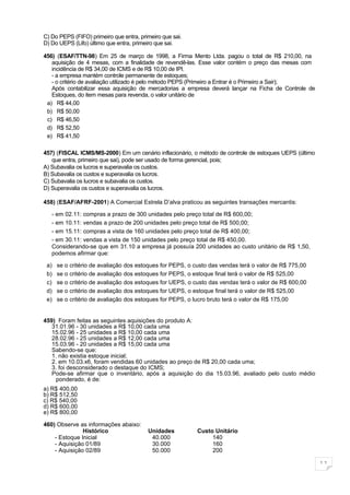 C) Do PEPS (FIFO) primeiro que entra, primeiro que sai.
D) Do UEPS (Lifo) último que entra, primeiro que sai.

456) (ESAF/TTN-98) Em 25 de março de 1998, a Firma Mento Ltda. pagou o total de R$ 210,00, na
   aquisição de 4 mesas, com a finalidade de revendê-las. Esse valor contém o preço das mesas com
   incidência de R$ 34,00 de ICMS e de R$ 10,00 de IPI.
   - a empresa mantém controle permanente de estoques;
   - o critério de avaliação utilizado é pelo método PEPS (Primeiro a Entrar é o Primeiro a Sair);
   Após contabilizar essa aquisição de mercadorias a empresa deverá lançar na Ficha de Controle de
   Estoques, do item mesas para revenda, o valor unitário de
 a) R$ 44,00
 b) R$ 50,00
 c) R$ 46,50
 d) R$ 52,50
 e) R$ 41,50

457) (FISCAL ICMS/MS-2000) Em um cenário inflacionário, o método de controle de estoques UEPS (último
   que entra, primeiro que sai), pode ser usado de forma gerencial, pois;
A) Subavalia os lucros e superavalia os custos.
B) Subavalia os custos e superavalia os lucros.
C) Subavalia os lucros e subavalia os custos.
D) Superavalia os custos e superavalia os lucros.

458) (ESAF/AFRF-2001) A Comercial Estrela D’alva praticou as seguintes transações mercantis:

   - em 02.11: compras a prazo de 300 unidades pelo preço total de R$ 600,00;
   - em 10.11: vendas a prazo de 200 unidades pelo preço total de R$ 500,00;
   - em 15.11: compras a vista de 160 unidades pelo preço total de R$ 400,00;
   - em 30.11: vendas a vista de 150 unidades pelo preço total de R$ 450,00.
   Considerando-se que em 31.10 a empresa já possuía 200 unidades ao custo unitário de R$ 1,50,
   podemos afirmar que:

 a)   se o critério de avaliação dos estoques for PEPS, o custo das vendas terá o valor de R$ 775,00
 b)   se o critério de avaliação dos estoques for PEPS, o estoque final terá o valor de R$ 525,00
 c)   se o critério de avaliação dos estoques for UEPS, o custo das vendas terá o valor de R$ 600,00
 d)   se o critério de avaliação dos estoques for UEPS, o estoque final terá o valor de R$ 525,00
 e)   se o critério de avaliação dos estoques for PEPS, o lucro bruto terá o valor de R$ 175,00


459) Foram feitas as seguintes aquisições do produto A:
   31.01.96 - 30 unidades a R$ 10,00 cada uma
   15.02.96 - 25 unidades a R$ 10,00 cada uma
   28.02.96 - 25 unidades a R$ 12,00 cada uma
   15.03.96 - 20 unidades a R$ 15,00 cada uma
   Sabendo-se que:
   1. não existia estoque inicial;
   2. em 10.03.x6, foram vendidas 60 unidades ao preço de R$ 20,00 cada uma;
   3. foi desconsiderado o destaque do ICMS;
   Pode-se afirmar que o inventário, após a aquisição do dia 15.03.96, avaliado pelo custo médio
     ponderado, é de:
a) R$ 400,00
b) R$ 512,50
c) R$ 540,00
d) R$ 600,00
e) R$ 800,00

460) Observe as informações abaixo:
               Histórico                 Unidades         Custo Unitário
    - Estoque Inicial                     40.000               140
    - Aquisição 01/89                     30.000               160
    - Aquisição 02/89                     50.000               200

                                                                                                        11
 