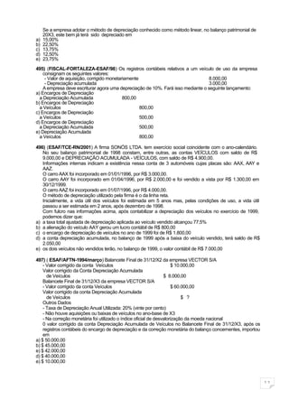 Se a empresa adotar o método de depreciação conhecido como método linear, no balanço patrimonial de
     20X3, este bem já terá sido depreciado em
a)   15,00%
b)   22,50%
c)   13,75%
d)   12,50%
e)   23,75%

495) (FISCAL-FORTALEZA-ESAF/98) Os registros contábeis relativos a um veículo de uso da empresa
    consignam os seguintes valores:
     - Valor de aquisição, corrigido monetariamente                               8.000,00
     - Depreciação acumulada                                                      3.000,00
    A empresa deve escriturar agora uma depreciação de 10%. Fará isso mediante o seguinte lançamento:
a) Encargos de Depreciação
  a Depreciação Acumulada                   800,00
b) Encargos de Depreciação
  a Veículos                                        800,00
c) Encargos de Depreciação
  a Veículos                                        500,00
d) Encargos de Depreciação
  a Depreciação Acumulada                           500,00
e) Depreciação Acumulada
  a Veículos                                        800,00

496) (ESAF/TCE-RN/2001) A firma SONÓS LTDA. tem exercício social coincidente com o ano-calendário.
   No seu balanço patrimonial de 1998 constam, entre outras, as contas VEÍCULOS com saldo de R$
   9.000,00 e DEPRECIAÇÃO ACUMULADA - VEÍCULOS, com saldo de R$ 4.900,00.
   Informações internas indicam a existência nessa conta de 3 automóveis cujas placas são: AAX, AAY e
   AAZ.
   O carro AAX foi incorporado em 01/01/1996, por R$ 3.000,00.
   O carro AAY foi incorporado em 01/04/1996, por R$ 2.000,00 e foi vendido a vista por R$ 1.300,00 em
   30/12/1999.
   O carro AAZ foi incorporado em 01/07/1996, por R$ 4.000,00.
   O método de depreciação utilizado pela firma é o da linha reta.
   Inicialmente, a vida útil dos veículos foi estimada em 5 anos mas, pelas condições de uso, a vida útil
   passou a ser estimada em 2 anos, após dezembro de 1998.
   Com fulcro nas informações acima, após contabilizar a depreciação dos veículos no exercício de 1999,
   podemos dizer que:
a) a taxa total ajustada de depreciação aplicada ao veículo vendido alcançou 77,5%
b) a alienação do veículo AAY gerou um lucro contábil de R$ 800,00
c) o encargo de depreciação de veículos no ano de 1999 foi de R$ 1.800,00
d) a conta depreciação acumulada, no balanço de 1999 após a baixa do veículo vendido, terá saldo de R$
   2.050,00
e) os dois veículos não vendidos terão, no balanço de 1999, o valor contábil de R$ 7.000,00

497) ( ESAF/AFTN-1994/março) Balancete Final de 31/12/X2 da empresa VECTOR S/A
    - Valor corrigido da conta Veículos                                $ 10.000,00
    Valor corrigido da Conta Depreciação Acumulada
      de Veículos                                                 $ 8.000,00
    Balancete Final de 31/12/X3 da empresa VECTOR S/A
    - Valor corrigido da conta Veículos                                $ 60.000,00
    Valor corrigido da conta Depreciação Acumulada
      de Veículos                                                           $ ?
    Outros Dados
    - Taxa de Depreciação Anual Utilizada: 20% (vinte por cento)
    - Não houve aquisições ou baixas de veículos no ano-base de X3
    - Na correção monetária foi utilizado o índice oficial de desvalorização da moeda nacional
    0 valor corrigido da conta Depreciação Acumulada de Veículos no Balancete Final de 31/12/X3, após os
    registros contábeis do encargo de depreciação e da correção monetária do balanço concernentes, importou
    em
a) $ 50.000,00
b) $ 45.000,00
e) $ 42.000,00
d) $ 40.000,00
e) $ 10.000,00



                                                                                                              11
 