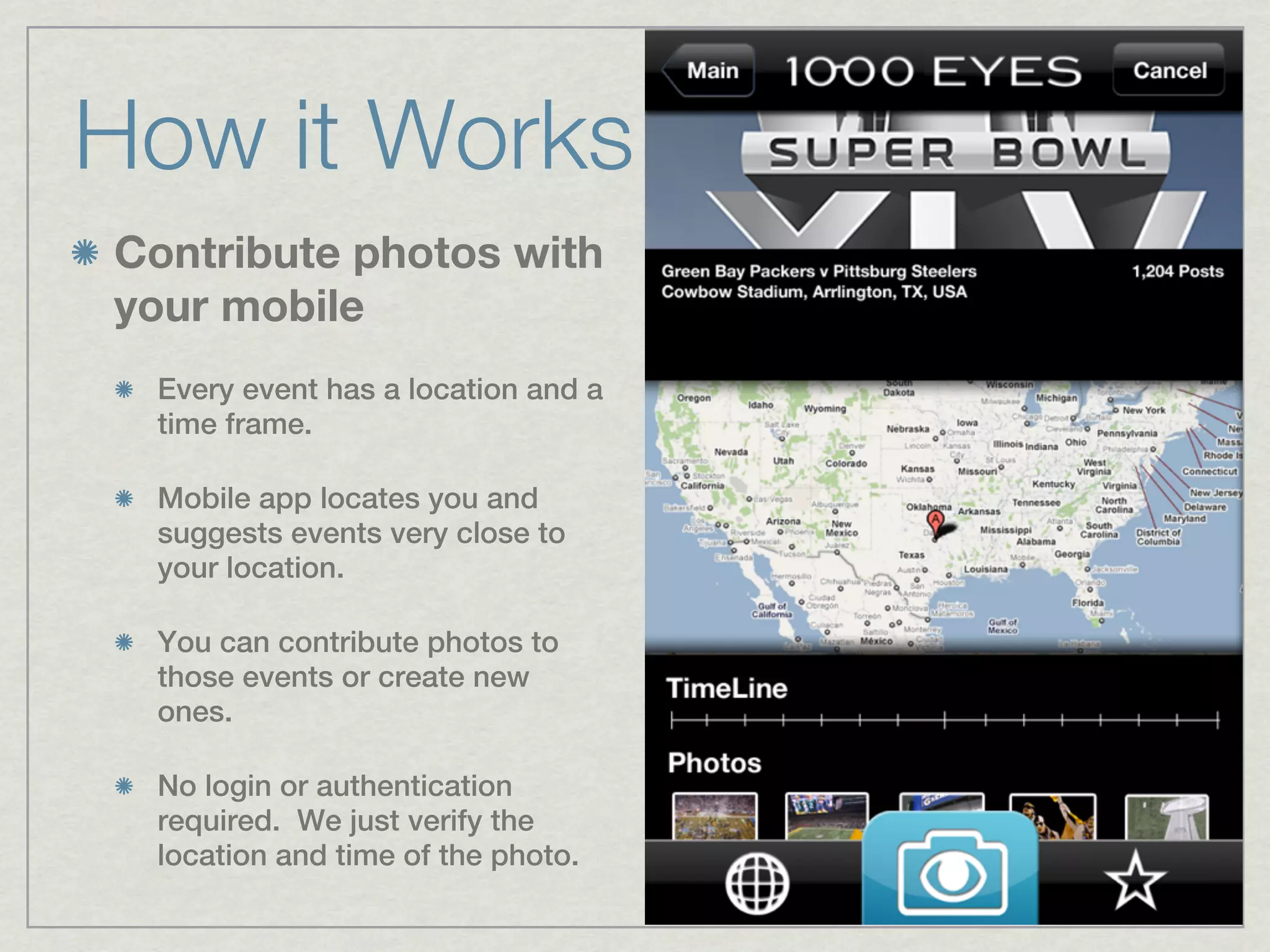 How it Works
Contribute photos with
your mobile
 Every event has a location and a
 time frame.

 Mobile app locates you and
 suggests events very close to
 your location.

 You can contribute photos to
 those events or create new
 ones.

 No login or authentication
 required. We just verify the
 location and time of the photo.
 