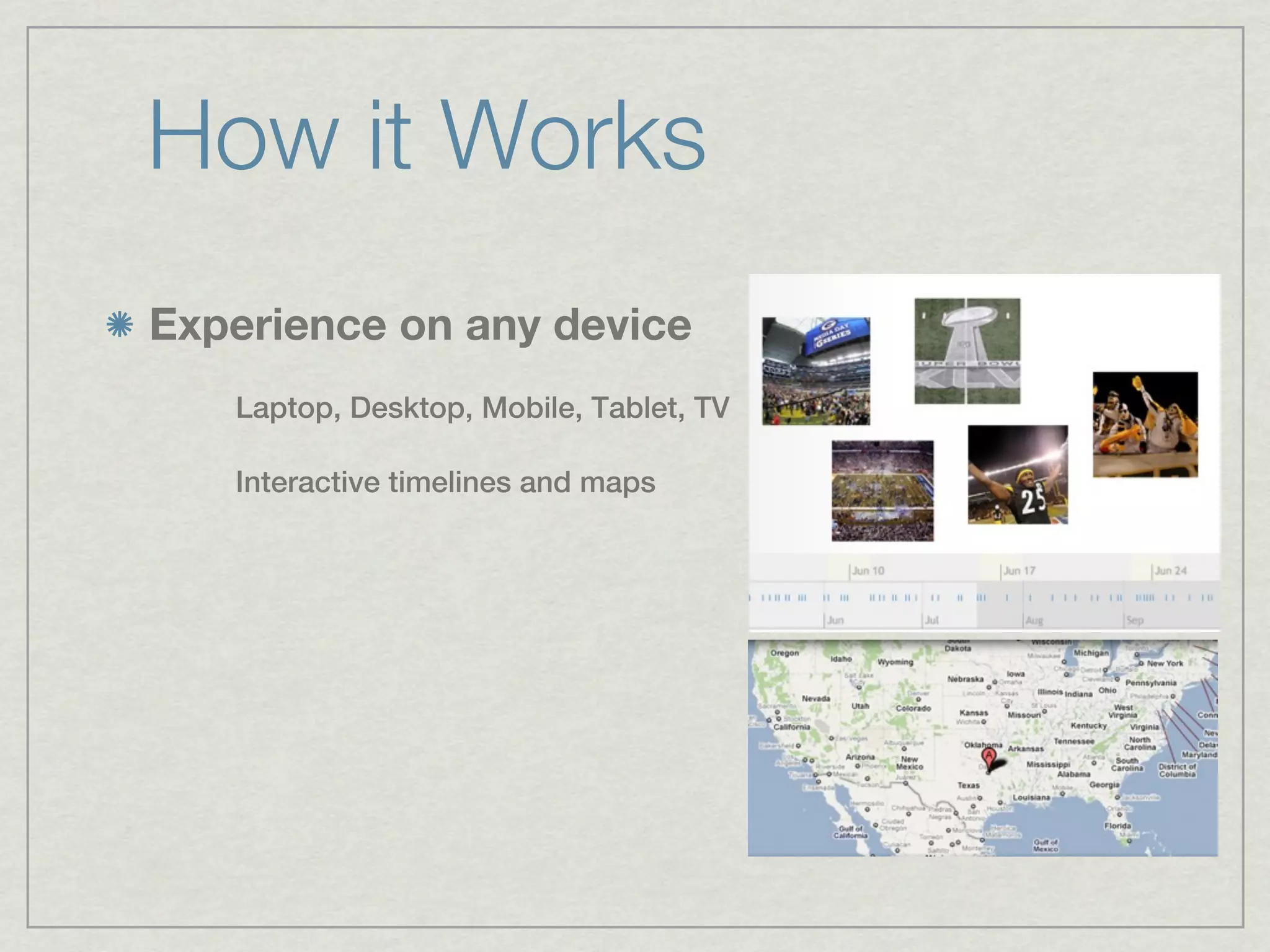 How it Works
Experience on any device
   Laptop, Desktop, Mobile, Tablet, TV

   Interactive timelines and maps
 