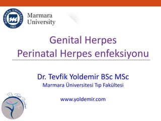 Genital Herpes
Perinatal Herpes enfeksiyonu
Dr. Tevfik Yoldemir BSc MSc
Marmara Üniversitesi Tıp Fakültesi
www.yoldemir.com
 