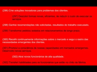 (296) Criei soluções inovadoras para problemas dos clientes.
(297) Descobri formas novas, eficientes, de reduzir o custo de executar os
serviços.
(298) Ganhei recomendações não solicitadas, resultados do trabalho executado.
(299) Transformei pedidos isolados em relacionamentos de longo prazo.
(300) Recolhi continuamente informações sobre o mercado e segui o rastro das
necessidades emergentes dos clientes.
(301) Promovi a consciência de nossas capacidades em mercados emergentes.
Desenvolvi novos serviços.
(302) Atrai novos funcionários de alta qualidade.
(303) Transferi habilidades para os funcionários que estão no chão da fábrica.
 