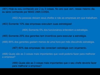 (461) Hoje eu sou conhecido por 2 ou 3 coisas. No ano que vem, nesse mesmo dia,
eu serei conhecido por MAIS UMA COISA.
(462) As pessoas deixam seus chefes e não as empresas em que trabalham.
(463) Somente 10% das empresas executam suas estratégias!
(464) Somente 5% dos funcionários entendem a estratégia.
(465) Somente 25% dos gerentes tem incentivos para executar a estratégia.
(466) 85% dos gerentes gastam menos de uma hora por mês discutindo estratégia.
(467) 60% das empresas não conectam estratégia com orçamento.
(468) Quais são as 3 coisas mais importantes que você poderia fazer para melhorar
a empresa?
(469) Quais são as 3 coisas mais importantes que o seu chefe deveria fazer
para melhorar a empresa?
 