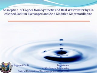 Christy Ijagbemi Ph. D  Department of Mechanical Engineering Federal University of Technology, Akure, NIGERIA Adsorption  of Copper from Synthetic and Real Wastewater by Un-calcined Sodium Exchanged and Acid Modified Montmorillonite  