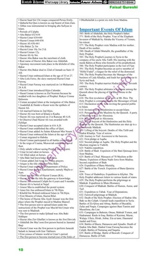 • Hazrat Saad bin Ubi waqas conquered Persia firstly.
• Qabeela bin Qais is known as cup bearer of Zam Zam.
• Abbas was instrumental in bringing abu Sufiyan in
Islam.
• Periods of Caliphs
• Abu Bakar 632-634
• Hazrat Umar 634-644
• Hazrat Usman 644-656
• Hazrat Ali 656-661
• Abu Bakar 2y 3m
• Hazrat Umar 10y 5m 21d.
• Hazrat Usman 12y.
• Hazrat Ali 4y 9m.
• Hazrat Abu Bakar was the merchant of cloth.
• Real name of Hazrat Abu Bakar was Abdullah.
• Apostasy movement took place in the khilafat of Abu
Bakar.
• Hazrat Abu Bakar died in 22nd of Jamadi-us-Sani 13
AH.
• Hazrat Umar embraced Islam at the age of 33 or 27.
• Abu Lulu Feroz, the slave martyred Hazrat Umar
Farooq.
• Hazrat Umar Farooq was martyred on 1st Muharram
24 A.H.
• Hazrat Umar introduced Hijra Calender.
• Hazat Usman is known as Zul Noorain because he
wedded with two daughters of Prophet: Rukya+Umme
Qulsoom.
• Usman accepted Islam at the instigation of Abu Bakar.
• Asadullah & Haider-e-Karar were the epithets of
Hazrat Ali.
• Ali married Fatima in 2nd Hijra.
• Hazrat Ali was born at Khane-e-Kaaba.
• Hazrat Ali was martyred on 21st Ramzan 40 A.H.
• In Ghazwa Uhad Hazrat Ali was awarded with
Zulifqar.
• Hazrat Umer accepted islam in 616 A.D.
• Hazrat Umar established the office of Qazi.
• Hazrat Umar added As Salato Khairum Min Noum.
• Hazrat Umar embraced the Islam at the age of 34.
• Usman migrated to Habsha
• Hazat Usman participated in all battles except Badr.
• In the reign of Usama, Muwaviah established naval
fleet.
• Only sahabi without seeing Prophet Awais Karni.
• Umar levied zakat on horses.
• Ali lifted zakat on horses.
• Abu Bakr had knowledge of dreams.
• Usman added 2nd Azan for Friday prayers.
• Atique is the title of Hazrat Abu Bakr.
• Hazrat Umar established Department of Police.
• Hazrat Umar formed a parliament, namely Majlis-e-
Aam.
• Ghani was the title of Hazrat Usman (RA).
• Hazrat Ali has the title the gateway to knowledge.
• Hazrat Ali remained Caliph for 4 years and 9 months.
• Hazrat Ali is buried at Najaf.
• Ameer Mavia established the postal system.
• Amer bin Aas embraced Islam in 7th Hijra.
• Khalild bin Waleed embraced Islam in 7th Hijra.
• First Moazin of Islam, Hazrat Bilal.
• The home of Hazrat Abu Ayub Ansaari was the first
place where the Prophet stayed in Madina Shareef.
• The first person sent to spread Islam under the
instructions of the Prophet was Mus'ab bin Umair who
was sent to Madinah.
• The first person to make Ijtihaad was Abu Bakr
Siddique
• Hazrat Abu Zirr Ghaffari is known as the first Dervish.
• Abdullah ibn Maz’oom:first person buried in Jannatul
Baqi.
• Hazrat Umar was the first person to perform Janazah
Salaah in Jamaat with four Takbeers.
• First census of Islamic world in Umer’s period.
• The first person to become murtad (out of the folds of
• Dhulhulaifah is a point six mile from Madina.
Important Events Of Islam
545: Birth of Abdullah, the Holy Prophet's father.
571: Birth of the Holy Prophet. Year of the Elephant.
Invasion of Makkah by Abraha the Viceroy of Yemen,
his retreat.
577: The Holy Prophet visits Madina with his mother.
Death of his mother.
580: Death of Abdul Muttalib, the grandfather of the
Holy Prophet.
583: The Holy Prophet's journey to Syria in the
company of his uncle Abu Talib. His meeting with the
monk Bahira at Bisra who foretells of his prophethood.
586: The Holy Prophet participates in the war of Fijar.
591: The Holy Prophet becomes an active member of
"Hilful Fudul", a league for the relief of the distressed.
594: The Holy Prophet becomes the Manager of the
business of Lady Khadija, and leads her trade caravan to
Syria and back.
595: The Holy Prophet marries Hadrat Khadija. Seventh
century
605: The Holy Prophet arbitrates in a dispute among the
Quraish about the placing of the Black Stone in the
Kaaba.
610: The first revelation in the cave at Mt. Hira. The
Holy Prophet is commissioned as the Messenger of God.
613: Declaration at Mt. Sara inviting the general public
to Islam.
614: Invitation to the Hashimites to accept Islam.
615: Persecution of the Muslims by the Quraish. A party
of Muslims leaves for Abyssinia.
616: Second Hijrah to Abysinnia.
617: Social boycott of the Hashimites and the Holy
Prophet by the Quraish. The Hashimites are shut up in a
glen outside Makkah.
619: Lifting of the boycott. Deaths of Abu Talib and
Hadrat Khadija. Year of sorrow.
620: Journey to Taif. Ascension to the heavens.
621: First pledge at Aqaba.
622: Second pledge at Aqaba. The Holy Prophet and the
Muslims migrate to Yathrib.
623: Nakhla expedition.
624: Battle of Badr. Expulsion of the Bani Qainuqa Jews
from Madina.
625: Battle of Uhud. Massacre of 70 Muslims at Bir
Mauna. Expulsion of Banu Nadir Jews from Madina.
Second expedition of Badr.
626: Expedition of Banu Mustaliq.
627: Battle of the Trench. Expulsion of Banu Quraiza
Jews.
628: Truce of Hudaibiya. Expedition to Khyber. The
Holy Prophet addresses letters to various heads of states.
629: The Holy Prophet performs the pilgrimage at
Makkah. Expedition to Muta (Romans).
630: Conquest of Makkah. Battles of Hunsin, Auras, and
Taif.
631: Expedition to Tabuk. Year of Deputations.
632: Farewell pilgrimage at Makkah.
632: Death of the Holy Prophet. Election of Hadrat Abu
Bakr as the Caliph. Usamah leads expedition to Syria.
Battles of Zu Qissa and Abraq. Battles of Buzakha,
Zafar and Naqra. Campaigns against Bani Tamim and
Musailima, the Liar.
633: Campaigns in Bahrain, Oman, Mahrah Yemen, and
Hadramaut. Raids in Iraq. Battles of Kazima, Mazar,
Walaja, Ulleis, Hirah, Anbar, Ein at tamr, Daumatul
Jandal and Firaz.
634: Battles of Basra, Damascus and Ajnadin. Death of
Hadrat Abu Bakr. Hadrat Umar Farooq becomes the
Caliph. Battles of Namaraq and Saqatia.
635: Battle of Bridge. Battle of Buwaib. Conquest of
Damascus. Battle of Fahl.
w
w
w
.
e
m
p
l
o
y
e
e
s
c
o
r
n
e
r
.
i
n
f
o
Faisal Qureshi
10
 