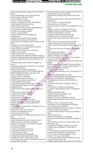 • The prophet mentioned in Quran for most of times is
Moosa.
• Ten commandments were revealed on Moosa.
• Moosa died on Abareem mountain.
• Grave of Musa is in Israel.
• Teacher of Moosa was Shoaib.
• Moosa was brought up by Aasia Bint Mozahim.
• Elder brother of Moosa was Haroon.
• Moosa had only one brother.
• In Toowa valley Moosa was granted prophethood.
• An Egyptian was killed by Moosa.
• Haroon was an eloquent speaker.
• Haroon is buried at Ohad.
• Haroon & Musa both were prophets and
contemporaries.
• Prophet Ayub suffered from Skin Disease.
• Hazrat Ayub was famous for his patience.
• The miracle of Dromedary (camel) is concerned with
Saleh
• 4 prophets were sent to Bani Israeel.
• 722 languages were understood by Hazrat Idrees.
• Hazrat Saleh invented Soap.
• Kalori: hill, from where Isa was lifted alive.
• Zikraiya was carpenter.
• Harzat Zikraiya was cut with the Saw.
• Adam & Dawood are addressed as Khalifa in Quran.
• Sulaiman & Dawood understood language of the birds.
• The tree of date palm grew on the earth for the first
time.
• At Hanif mosque at Mina almost 70 prophets are
buried.
• Prophets attached with the profession of weaving are
Adam, Idrees & Shaeet.
• Hazrat younus was eaten by shark fish.
• Younus prayed LAILAH ANTA SUBHANAK INI
KUNTUM MINAZALIMIN in the belly of fish.
• Grave of Dawood is in Israel.
• Yahya’s tomb is in Damascus.
• Bilal Habshi is buried in Damascus.
• Prophet with melodious voice Dawood.
• Alive prophets are Isa & Khizr.
• Zunoon (lord of fish) & Sahibul Hoot : Younus.
• The prophet whose people were last to suffer divine
punishment Saleh.
• Suleiman died while standing with the support of a
stick.
• Ashab-e-Kahf slept for 309 years.
• The number of Ashab-e-Kahf was 7.
• Saleh invented soap.
• Idrees was expert in astronomy.
• Prophet before Muhammad was Isaac.
• Hazrat Essa (A.S) was carpenter by profession.
• Besides Essa, Yahya also got prophet hood in
childhood.
• Baitul Laham is the birth Place of Hazrat Essa (AS) is
situated in Jerusalaem.
• Isa would cure the victims of leprosy.
• Zakria was contemporary of Isa.
• Isa was the cousin of Yahya.
• Romans kingdom was established in Palestine at Esa’s
birth.
• Romans were Atheists.
• Ruler of Palestine at the birth of Esa was Herod.
• Maryum grew up in the house of Zakaiyya.
• Besides Esa , Adam was also a fatherless prophet.
• Esa born at Bethlehem.
• Esa was born in 4 B.C.
• Yahaya was the precursor of Eessa.
• Contemporary of Yahya was Eessa.
• Yahya is buried at Syria.
• Our prophet has the title Habibullah.
• Prophet Dawood has the title Najeeb Ullah.
• Prophet Jesus crist is called Rooh-ul-Ullah.
• Tur-e-Sina was the mountain where Hazrat Musa (AS)
received Allah’s message.
• Omaar bin Hisham was the original name of Abu Jehl.
• Abu-al-Hikm is the title of Abu Jehl.
• When did Hazrat Hamza (RA) embrace Islam Fifth
Nabavi
• Persons included in Bait-e-Uqba Oola 12 and in Bait-e-
Uqba Sani 75.
• Cave of Hira is 3 miles from Makkah.
• Hijra took place in 13th Nabvi.
• Second convent of Al-Aqba arrived at Makkah in 12th
Nabvi.
• Medina is 448 Km from Makkah. (250 miles)
• Makkah conquest occurred in 8th year of Hijra.
• Prophet performed Hajj in 10th Hija.
• Prophet was buried in the hujra of Ayesha.
• Prophet was born in 1st Year of Elephant.
• Ambassadors sent to Arab& other countries in 7th
Hijra.
• King of Iran tore away the message of Prophet.
• King of Byzantine in 7th Hijra was Hercules.
• After 6 years of the birth of Holy prophet Bibi Aamna
died.
• After 8 years of the birth of Prophet Abdul Muttalib
died.
• 632 A.D Charter of Madina.
• Holy Prophet demised at the age of 63.
• Hijrah year began with 14th Nabvi.
• 10th year of prophet hood is known as year of grief.
• First Azan was called out in 1. A.H.
• Bahira Syrian Christian saint recognized prophet as last
prophet.
• Harb-i-Fajjar was a war fought b/w Quraish and Bani
Hawazin Prophet was of 15 years and participated in it.
• Prophet visited Taif in 10th Nabvi.
• Tribe of Taif was Saqaif.
• Prophet with Zaid bin Haris, went Taif & stayed for 10
days.
• Bibi Amna suckled Prophet for 3 days.
• After 18 month at Madina of change of Qibla occurred.
• Old name of Zu Qiblatain is Banu Saleem.
• Prophet prayed 2 years in cave Hira before first
revelation.
• The name of Ibadat done by Prophet in Hira was
Tahanas.
• Cave of Hira is in Jabal-e-Noor Mountain.
• At Masjid-e-Hanif (Madina) almost 70 prophets are
buried.
• Masjid-e-Hanif (Mina) chk
• Month of migration was Rabiul Awal
• Qibla changed in 2nd Hijra.
• Qiblah now-a-days is called Khana-e-Kaba.
• Prophet addressed Khutba-e-Jum’aa for first time in 1st
Hijra
• Azan for prayer was adopted in 1st Hijra.
• Inhabitants of Taaif accepted Islam in 9th Hijrah.
• Year of Deputation is 9th Hijrah.
• Moawakhat (the brotherhood ) took place in 2nd Hijra.
• Jehad was allowed in 2nd Hijrah.
• Ashaab-e-Sufah: Muhajirs who stayed near Masjid-e-
Nabvi.
• Hurrirah means a cat.
• Bait-e-Rizwan took place in 6th Hijrah.
• Jewish tribe of Banu Nuzair expelled from Madina in
4th H.
• Bait-e-Rizwan is also known as Bait-e-Shajra made
under Keekar tree.
• Companions of Prophet at Hudabiya were 1400.
• Prophet stayed at Makkah for 15 days after its
conquest.
• 1 Lac companions accompanied Prophet at last Hajj.
• Prophet spent his last days in Ayesha’s house.
• Cave of Soar is located near Makkah 5 miles.
• Quba is 3 miles away from Madina.
• In sixth year of Hijrah, Prophet intended for Umrah.
• Aam-ul-Wufood is 9th A.H..
• Prophet stayed in Ayyub Ansari’s house for 7 months.
w
w
w
.
e
m
p
l
o
y
e
e
s
c
o
r
n
e
r
.
i
n
f
o
Faisal Qureshi
3
 