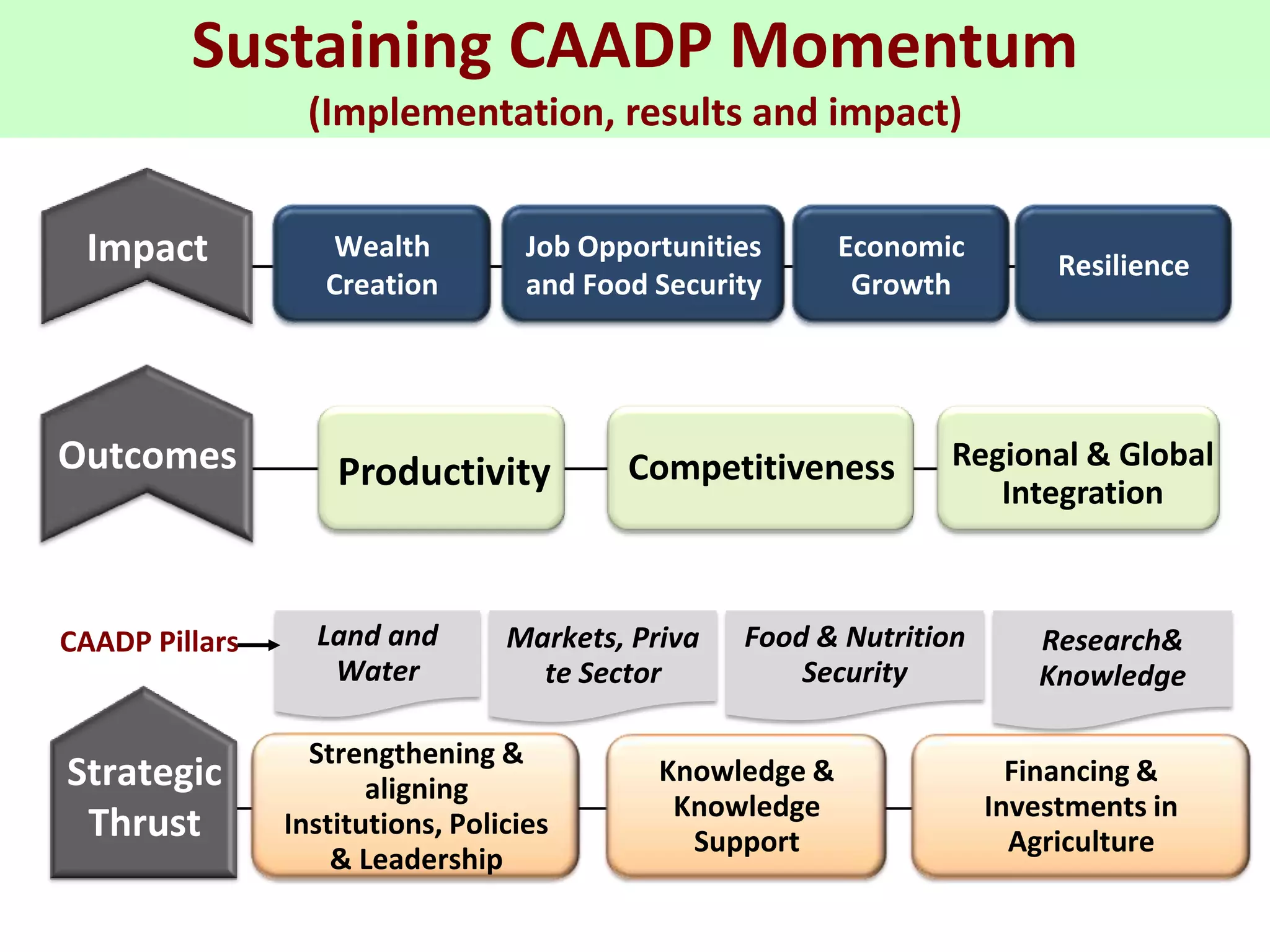 Sustaining CAADP Momentum
                 (Implementation, results and impact)


 Impact            Wealth           Job Opportunities      Economic
                                                                           Resilience
                   Creation         and Food Security       Growth




Outcomes            Productivity           Competitiveness        Regional & Global
                                                                     Integration



CAADP Pillars     Land and        Markets, Priva   Food & Nutrition      Research&
                   Water            te Sector          Security          Knowledge

                  Strengthening &
Strategic              aligning
                                             Knowledge &                Financing &
                                              Knowledge               Investments in
 Thrust         Institutions, Policies
                                               Support                  Agriculture
                    & Leadership
 