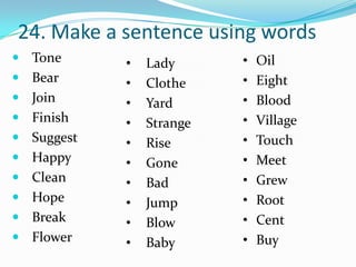 24. Make a sentence using words
 Tone      •   Lady      •   Oil
 Bear      •   Clothe    •   Eight
 Join      •   Yard      •   Blood
 Finish    •   Strange   •   Village
 Suggest   •   Rise      •   Touch
 Happy     •   Gone      •   Meet
 Clean     •   Bad       •   Grew
 Hope      •   Jump      •   Root
 Break     •   Blow      •   Cent
 Flower    •   Baby      •   Buy
 