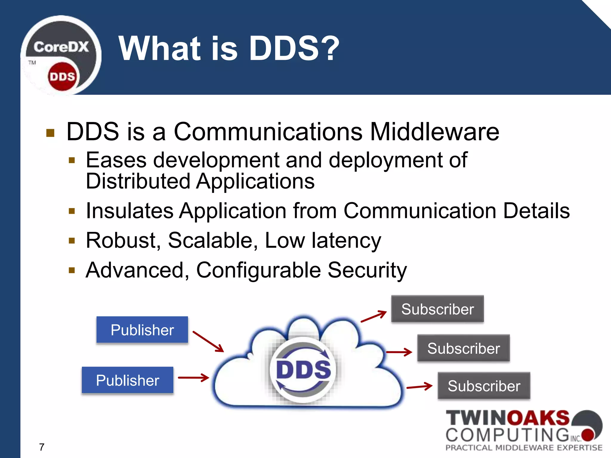  DDS is a Communications Middleware
 Eases development and deployment of
Distributed Applications
 Insulates Application from Communication Details
 Robust, Scalable, Low latency
 Advanced, Configurable Security
What is DDS?
Publisher
Subscriber
Subscriber
Subscriber
Publisher
7
 