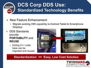 DCS Corp DDS Use:
Standardized Technology Benefits
Standardization == Easy, Low Cost Solution
 New Feature Enhancement:
 Migrate existing HMI capability to Android Tablet & Smartphone
Displays
 DDS Standards
provide
PORTABILITY and
REUSE
 Exiting C++ code
base can be
migrated and reused
 