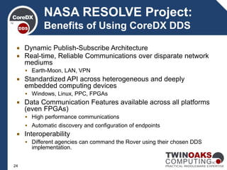  Dynamic Publish-Subscribe Architecture
 Real-time, Reliable Communications over disparate network
mediums
 Earth-Moon, LAN, VPN
 Standardized API across heterogeneous and deeply
embedded computing devices
 Windows, Linux, PPC, FPGAs
 Data Communication Features available across all platforms
(even FPGAs)
 High performance communications
 Automatic discovery and configuration of endpoints
 Interoperability
 Different agencies can command the Rover using their chosen DDS
implementation.
NASA RESOLVE Project:
Benefits of Using CoreDX DDS
24
 