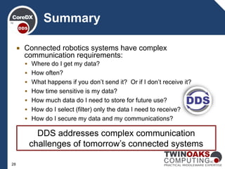  Connected robotics systems have complex
communication requirements:
 Where do I get my data?
 How often?
 What happens if you don’t send it? Or if I don’t receive it?
 How time sensitive is my data?
 How much data do I need to store for future use?
 How do I select (filter) only the data I need to receive?
 How do I secure my data and my communications?
Summary
28
DDS addresses complex communication
challenges of tomorrow’s connected systems
 