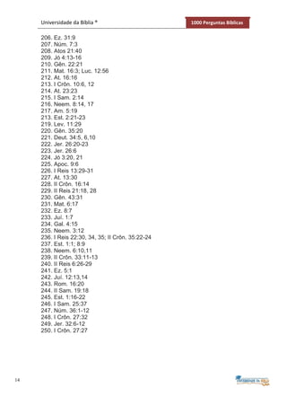 14
Universidade da Bíblia ® 1000 Perguntas Bíblicas
206. Ez. 31:9
207. Núm. 7:3
208. Atos 21:40
209. Jó 4:13-16
210. Gên. 22:21
211. Mat. 16:3; Luc. 12:56
212. At. 16:16
213. I Crôn. 10:6, 12
214. At. 23:23
215. I Sam. 2:14
216. Neem. 8:14, 17
217. Am. 5:19
213. Est. 2:21-23
219. Lev. 11:29
220. Gên. 35:20
221. Deut. 34:5, 6,10
222. Jer. 26:20-23
223. Jer. 26:6
224. Jó 3:20, 21
225. Apoc. 9:6
226. I Reis 13:29-31
227. At. 13:30
228. II Crôn. 16:14
229. II Reis 21:18, 28
230. Gên. 43:31
231. Mat. 6:17
232. Ez. 8:7
233. Juí. 1:7
234. Gal. 4:15
235. Neem. 3:12
236. I Reis 22:30, 34, 35; II Crôn. 35:22-24
237. Est. 1:1; 8:9
238. Neem. 6:10,11
239. II Crôn. 33:11-13
240. II Reis 6:26-29
241. Ez. 5:1
242. Juí. 12:13,14
243. Rom. 16:20
244. II Sam. 19:18
245. Est. 1:16-22
246. I Sam. 25:37
247. Núm. 36:1-12
248. I Crôn. 27:32
249. Jer. 32:6-12
250. I Crôn. 27:27
 