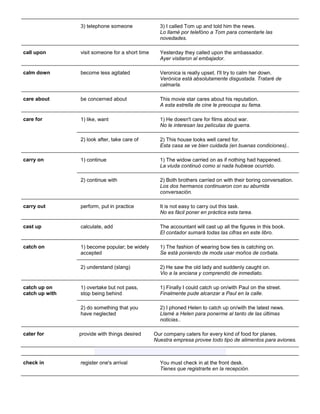 3) telephone someone 3) I called Tom up and told him the news. Lo llamé por telefóno a Tom para comentarle las novedades. 
call upon 
visit someone for a short time 
Yesterday they called upon the ambassador. Ayer visitaron al embajador. 
calm down become less agitated Veronica is really upset. I'll try to calm her down. Verónica está absolutamente disgustada. Trataré de calmarla. 
care about 
be concerned about 
This movie star cares about his reputation. A esta estrella de cine le preocupa su fama. 
care for 
1) like, want 
1) He doesn't care for films about war. No le interesan las películas de guerra. 
2) look after, take care of 
2) This house looks well cared for. Esta casa se ve bien cuidada (en buenas condiciones).. 
carry on 
1) continue 
1) The widow carried on as if nothing had happened. La viuda continuó como si nada hubiese ocurrido. 
2) continue with 
2) Both brothers carried on with their boring conversation. Los dos hermanos continuaron con su aburrida conversación. 
carry out perform, put in practice It is not easy to carry out this task. No es fácil poner en práctica esta tarea. 
cast up calculate, add The accountant will cast up all the figures in this book. El contador sumará todas las cifras en este libro. 
catch on 
1) become popular; be widely accepted 
1) The fashion of wearing bow ties is catching on. Se está poniendo de moda usar moños de corbata. 
2) understand (slang) 
2) He saw the old lady and suddenly caught on. Vio a la anciana y comprendió de inmediato. 
catch up on catch up with 
1) overtake but not pass, stop being behind 
1) Finally I could catch up on/with Paul on the street. Finalmente pude alcanzar a Paul en la calle. 
2) do something that you have neglected 
2) I phoned Helen to catch up on/with the latest news. Llamé a Helen para ponerme al tanto de las últimas noticias.. 
cater for 
provide with things desired 
Our company caters for every kind of food for planes. Nuestra empresa provee todo tipo de alimentos para aviones. 
check in 
register one's arrival 
You must check in at the front desk. Tienes que registrarte en la recepción.  