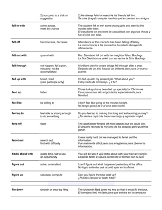 2) succumb to a trick or suggestion 
2) He always falls for every lie his friends tell him. Se cree (traga) cualquier mentira que le cuentan sus amigos. 
fall in with 
come across, meet by chance 
The student fell in with some young girls and went to the movies with them. El estudiante se encontró de casualidad con algunas chicas y fue al cine con ellas. 
fall off 
become less, decrease 
Attendance at the concerts has been falling off lately. La concurrencia a los conciertos ha estado decayendo últimamente. 
fall out with 
quarrel with 
Mrs. Davidson fell out with her neighbor Miss. Roolings. La Sra Davidson se peleó con su vecina la Srta. Roolings. 
fall through 
not happen, fail a plan, miscarry, not be accomplished 
A brilliant plan for a new bridge fell through after a year. Después de un año fracasó un brillante plan para un nuevo puente. 
fed up with 
bored, tired (past participle only) 
I'm fed up with my present job. What about you? Estoy harto de mi trabajo. ¿Y tú? 
feed up fatten Those turkeys have been fed up specially for Christmas. Esos pavos han sido engordados especialmente para Navidad. 
feel like 
be willing to 
I don't feel like going to the movies tonight. No tengo ganas de ir al cine esta noche. 
feel up to 
feel able or strong enough to do something 
Do you feel up to making that long and exhausting journey? ¿Te sientes capaz de hacer ese largo y agotador viaje? 
fend off repel The goalkeeper fended off most attacks but we could win. El arquero rechazó la mayoría de los ataques pero pudimos ganar. 
ferret out search out, find with difficulty It was really hard but we managed to ferret out the information. Fue realmente difícil pero nos arreglamos para obtener la información. 
fiddle about with 
waste time, fail to use an opportunity 
You will be late if you fiddle about with your hair any longer. Llegarás tarde si sigues perdiendo el tiempo con tu pelo. 
figure out solve, understand I can't figure out what happened yesterday at the office. No logro entender qué ocurrió ayer en la oficina. 
figure up calculate, compute Can you figure the total cost up? ¿Puedes calcular el costo total? 
file down smooth or wear by filing The locksmith filed down my key so that it would fit the lock. El cerrajero limó mi llave para que entrara en la cerradura.  