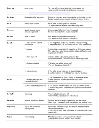 leave out omit, forget They had left my name out in the examinations list. Habían omitido mi nombre en la lista de exámenes. 
let down disappoint or fail someone George let me down when he refused to lend me the money. George me decepcionó cuando rehusó prestarme dinero. 
let in admit, allow to enter We let them in although it was very late. Los dejamos entrar a pesar de que era muy tarde. 
let in on reveal, share a secret (always separated) Unknowingly she let them in on the secret. Sin darse cuenta ella les reveló el secreto. 
let into 
allow to share 
Shall we let you parents into the secret? ¿Les revelaremos el secreto a tus padres? 
let off 1) allow to leave without punishment 1) The magistrate let the boy off with a serious warning.. El magistrado dejó ir al muchacho con una seria advertencia. 2) explode 2) Argentinians love to let off fireworks on Christmas season. A los argentinos les encanta explotar fuegos artificiales para la época de Navidad. 
let out 1) allow to go out 1) Norma let her kid out on such a nice day. Norma permitió salir a su chico con un día tan agradable. 2) divulgue, disclose 2) Why did you let the secret out? ¿Por qué divulgaste el secreto? 3) extend, loosen 3) The tailor let out the dress as it was too tight. El sastre ensanchó el vestido porque era muy ajustado. 
let up 
1) diminish, become less intense (colloquial) 
1) The pain has let up since I began to take these tablets. El dolor comenzó a ceder desde que tomo estos comprimidos. 
2) make less effort (colloquial) 
2) The teacher asked the boys not to let up until the exam. El profesor les pidio a los muchachos que no aflojaran hasta el examen. 
level off 
stop rising 
Prices finally have leveled off. Finalmente los precios se han estabilizado. 
lie down 
assume a reclining position 
Go home and lie down on the bed until you feel better. Véte a casa y recuéstate en la cama hasta que sentirte mejor. 
live down 
live so that past faults are forgotten 
How did the actress manage to live down the scandal that surrounded all her life? ¿Cómo hizo la actriz para sobrellevar el escándalo que rodeó toda su vida? 
live on 
survive using 
What did you live on when you were at school? ¿De qué vivías cuando estabas en la escuela?  