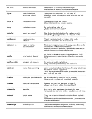 live up to 
maintain a standard 
She has lived up to her reputation as a singer. Ella ha vivido de acuerdo con su fama de cantante. 
log off 
break contact with a computer system 
The system was overloaded, so I had to log off. El sistema estaba sobrecargado, por lo tanto tuve que salir de sesión. 
log on to 
contact a computer 
She logged on to the new system. Ella entró en sesión con el nuevo sistema. 
log on 
contact a computer 
Do you know how to log on? ¿Sabes cómo entrar en sesión? 
look after 
watch, take care of 
Mrs. Reston, thanks for looking after my baby tonight. Sra. Reston, gracias por cuidar a mi bebé esta noche. 
look back on 
recall, remember, reflect on 
The old man looked back on the days of his youth. El anciano recordó los días de su juventud. 
look down on 
regard as inferior, look with disdain 
Martin is an arrogant professor. He always looks down on the students who don't catch on immediately. Martin es un profesor arrogante. Siempre menosprecia a los estudiantes que no entienden rápidamente. 
look for 
try to locate or discover 
I'm looking for a new job. Any good advertisements today? Estoy buscando un nuevo trabajo. ¿Hay algún buen aviso hoy? 
look forward to 
anticipate with pleasure 
I'm looking forward to my holidays. Estoy esperando (ansiosamente) mis vacaciones. 
look in on 
visit to check something 
Jenny has just come back from Europe. I'm going to look in on her today to see how happy she is. Jenny acaba de regresar de Europa. Voy a pasar por su casa para ver lo feliz que está. 
look into 
investigate, get more details 
He promised us to look into this difficult situation. Nos prometió investigar esta complicada situación. 
look like 
resemble in appearance 
Does the new baby look like Helen or Robert? ¿Se parece el nuevo bebé a Helen o a Robert? 
look out for 
watch for 
Look out for fallen branches and snakes in this area. Ten cuidado con las ramas caídas y las víboras en esta zona. 
look over check, review There may be some mistakes in my report. Could you look it over? Puede haber algunos errores en mi informe ¿Podrías echarle una ojeada (revisarlo)? 
look through 
examine quickly 
They looked through the magazines while they were waiting. Hojeaban las revistas mientras esperaban.  