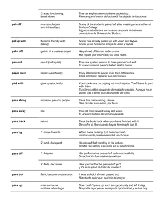 3) stop functioning, break down 
The car engine seems to have packed up. Parece que el motor del automóil ha dejado de funcionar. 
pair off 
marry (colloquial and intransitive) 
Some of the students paired off after meeting one another at Burbon College. Algunos estudiantes se casaron después de haberse conocido en la Universidad Burbon. 
pal up with 
become friendly with (slang) 
Annie has already palled up with Joan and Sylvia. Annie ya se ha hecho amiga de Joan y Sylvia. 
palm off get rid of a useless object He palmed off his old radio on me. Me regaló (por inservible) su vieja radio. 
pan out 
result (colloquial) 
The new system seems to have panned out well. El nuevo sistema parece haber salido bueno. 
paper over 
repair superficially 
They attempted to paper over their differences. Ellos intentaron reparar sus diferencias. 
part with 
give up reluctantly 
Your books are occupying too much space. You'll have to part with them. Tus libros están ocupando demasiado espacio. Aunque no te guste, vas a tener que deshacerte de ellos. 
pass along circulate, pass to people Pass this notice along, please. Haz circular este aviso, por favor. 
pass away 
die 
The old man passed away last week. El anciano falleció la semana pasada. 
pass back return Pass the book back when you have finished with it. Devuelve el libro cuando hayas terminado con él. 
pass by 
1) move towards 
When I was passing by I heard a crash. Justo cuando pasaba escuché un choque. 2) omit, disregard He passed that point by in his lecture. Omitió (Se salteó) ese tema en su conferencia. 
pass off 
1) happen 
Her performance passed off quite successfully. Su actuación fue realmente exitosa. 
2) fade, decrease 
Has your toothache passed off yet? ¿Ya se te pasó el dolor de muelas? 
pass out 
faint, become unconscious 
It was so hot, I almost passed out. Hizo tanto calor que casi me desmayo. 
pass up miss a chance, not take advantage She couldn't pass up such an opportunity and left today. No podía dejar pasar semejante oportunidad y se fue hoy. 
 