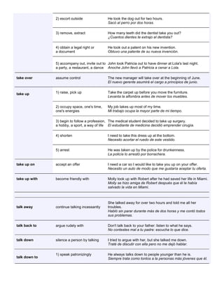 2) escort outside He took the dog out for two hours. Sacó al perro por dos horas. 3) remove, extract How many teeth did the dentist take you out? ¿Cuantos dientes te extrajo el dentista? 4) obtain a legal right or a document He took out a patent on his new invention. Obtuvo una patente de su nueva invención. 5) accompany out, invite out to a party, a restaurant, a dance John took Patricia out to have dinner at Lola's last night. Anoche John llevó a Patricia a cenar a Lola. take over assume control The new manager will take over at the beginning of June. El nuevo gerente asumirá el cargo a principios de junio. take up 1) raise, pick up Take the carpet up before you move the furniture. Levanta la alfombra antes de mover los muebles. 2) occupy space, one's time, one's energies My job takes up most of my time. Mi trabajo ocupa la mayor parte de mi tiempo. 3) begin to follow a profession, a hobby, a sport, a way of life The medical student decided to take up surgery. El estudiante de medicina decidió emprender cirugía. 4) shorten I need to take this dress up at the bottom. Necesito acortar el ruedo de este vestido. 5) arrest He was taken up by the police for drunkenness. La policía lo arrestó por borrachera. take up on accept an offer I need a car so I would like to take you up on your offer. Necesito un auto de modo que me gustaría aceptar tu oferta. take up with become friendly with Molly took up with Robert after he had saved her life in Miami. Molly se hizo amiga de Robert después que él le había salvado la vida en Miami. talk away continue talking incessantly She talked away for over two hours and told me all her troubles. Habló sin parar durante más de dos horas y me contó todos sus problemas. talk back to argue rudely with Don't talk back to your father: listen to what he says. No contestes mal a tu padre: escucha lo que dice. talk down silence a person by talking I tried to argue with her, but she talked me down. Traté de discutir con ella pero no me dejó hablar. talk down to 1) speak patronizingly He always talks down to people younger than he is. Siempre trata como tontos a la personas más jóvenes que él.  