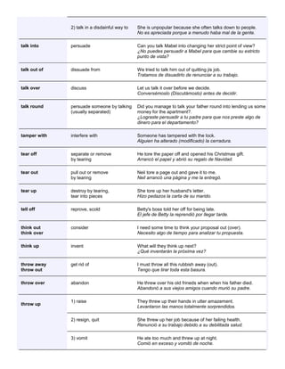 2) talk in a disdainful way to She is unpopular because she often talks down to people. No es apreciada porque a menudo haba mal de la gente. talk into persuade Can you talk Mabel into changing her strict point of view? ¿No puedes persuadir a Mabel para que cambie su estricto punto de vista? talk out of dissuade from We tried to talk him out of quitting jis job. Tratamos de disuadirlo de renunciar a su trabajo. talk over discuss Let us talk it over before we decide. Conversémoslo (Discutámoslo) antes de decidir. talk round persuade someone by talking (usually separated) Did you manage to talk your father round into lending us some money for the apartment?. ¿Lograste persuadir a tu padre para que nos preste algo de dinero para el departamento? tamper with interfere with Someone has tampered with the lock. Alguien ha alterado (modificado) la cerradura. tear off separate or remove by tearing He tore the paper off and opened his Christmas gift. Arrancó el papel y abrió su regalo de Navidad. tear out pull out or remove by tearing Neil tore a page out and gave it to me. Neil arrancó una página y me la entregó. tear up destroy by tearing, tear into pieces She tore up her husband's letter. Hizo pedazos la carta de su marido. tell off reprove, scold Betty's boss told her off for being late. El jefe de Betty la reprendió por llegar tarde. think out think over consider I need some time to think your proposal out (over). Necesito algo de tiempo para analizar tu propuesta. think up invent What will they think up next? ¿Qué inventarán la próxima vez? throw away throw out get rid of I must throw all this rubbish away (out). Tengo que tirar toda esta basura. throw over abandon He threw over his old frineds when when his father died. Abandonó a sus viejos amigos cuando murió su padre. throw up 1) raise They threw up their hands in utter amazement. Levantaron las manos totalmente sorprendidos. 2) resign, quit She threw up her job because of her failing health. Renunció a su trabajo debido a su debilitada salud. 3) vomit He ate too much and threw up at night. Comió en exceso y vomitó de noche.  