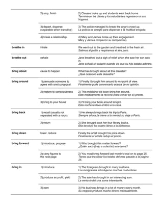 2) stop, finish 
2) Classes broke up and students went back home. Terminaron las clases y los estudiantes regresaron a sus hogares. 3) depart, disperse (separable when transitive) 3) The police managed to break the angry crowd up. La policía se arregló para dispersar a la multitud enojada. 4) break a relationship 4) Mary and James broke up their engagement. Mary y James rompieron su compromiso. 
breathe in 
inhale 
We went out to the garden and breathed in the fresh air. Salimos al jardín y respiramos el aire puro. 
breathe out 
exhale 
Jane breathed out a sigh of relief when she saw her son was in. Jane exhaló un suspiro cuando vio que su hijo estaba adentro. 
bring about 
cause to happen 
What has brought about all this disaster? ¿Qué ocasionó este desastre? 
bring around 1) persuade someone to agree with one's proposal 1) Finally I brought him around to my point of view. Finalmente pude convencerlo acerca de mi opinión. 2) restore to consciousness 2) This medicine will soon bring her around. Este medicamento la revivirá (hará volver en sí) pronto. 3) bring to your house 3) I'll bring your book around tonight. Esta noche te llevo el libro a tu casa. 
bring back 
1) recall (usually not separated with a noun) 
1) He always brings back his trip to Paris. Siempre añora (le viene a la mente) su viaje a París. 2) return 2) She brought back her four library books. Ella devolvió los cuatro libros a la biblioteca. 
bring down lower, reduce Finally the artist brought his price down. Finalmente el artista redujo el precio. 
bring forward 1) introduce, propose 1) Who brought this matter forward? ¿Quién sacó (trajo a colación) este tema? 2) carry figures to the next page 2) You must bring forward last month's total on to page 25. Tienes que trasladar los totales del mes pasado a la página 25. 
bring in 1) introduce 1) The foreigners brought in many customs. Los inmigrantes introdujeron muchas costumbres. 2) produce as profit, yield 2) The sale has brought in an interesting sum. La venta rindió una suma interesante. 3) earn 3) His business brings in a lot of money every month. Su negocio produce mucho dinero mensualmente.  