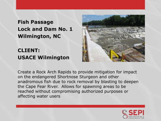 Fish Passage
Lock and Dam No. 1
Wilmington, NC
CLIENT:
USACE Wilmington
Create a Rock Arch Rapids to provide mitigation for impact
on the endangered Shortnose Sturgeon and other
anadromous fish due to rock removal by blasting to deepen
the Cape Fear River. Allows for spawning areas to be
reached without compromising authorized purposes or
affecting water users

 