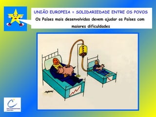 UNIÃO EUROPEIA = SOLIDARIEDADE ENTRE OS POVOS Os Países mais desenvolvidos devem ajudar os Países com  maiores dificuldades 