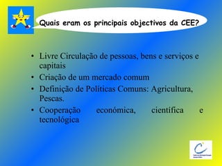 Livre Circulação de pessoas, bens e serviços e capitais Criação de um mercado comum Definição de Políticas Comuns: Agricultura, Pescas. Cooperação económica, científica e tecnológica Quais eram os principais objectivos da CEE? 