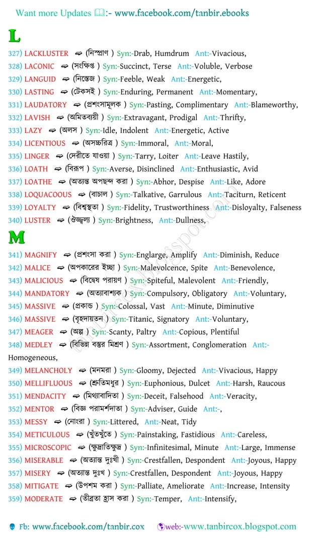 Vocabulary with bengali meanings,1000synonyms & antonyms PDF