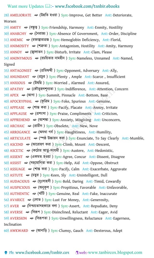 Vocabulary with bengali meanings,1000synonyms & antonyms PDF