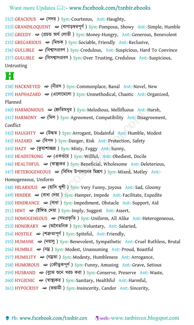 Vocabulary with bengali meanings,1000synonyms & antonyms PDF