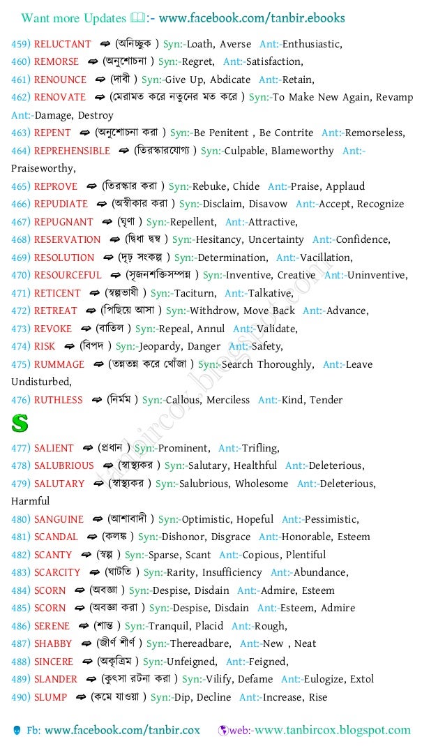 Vocabulary with bengali meanings,1000synonyms & antonyms