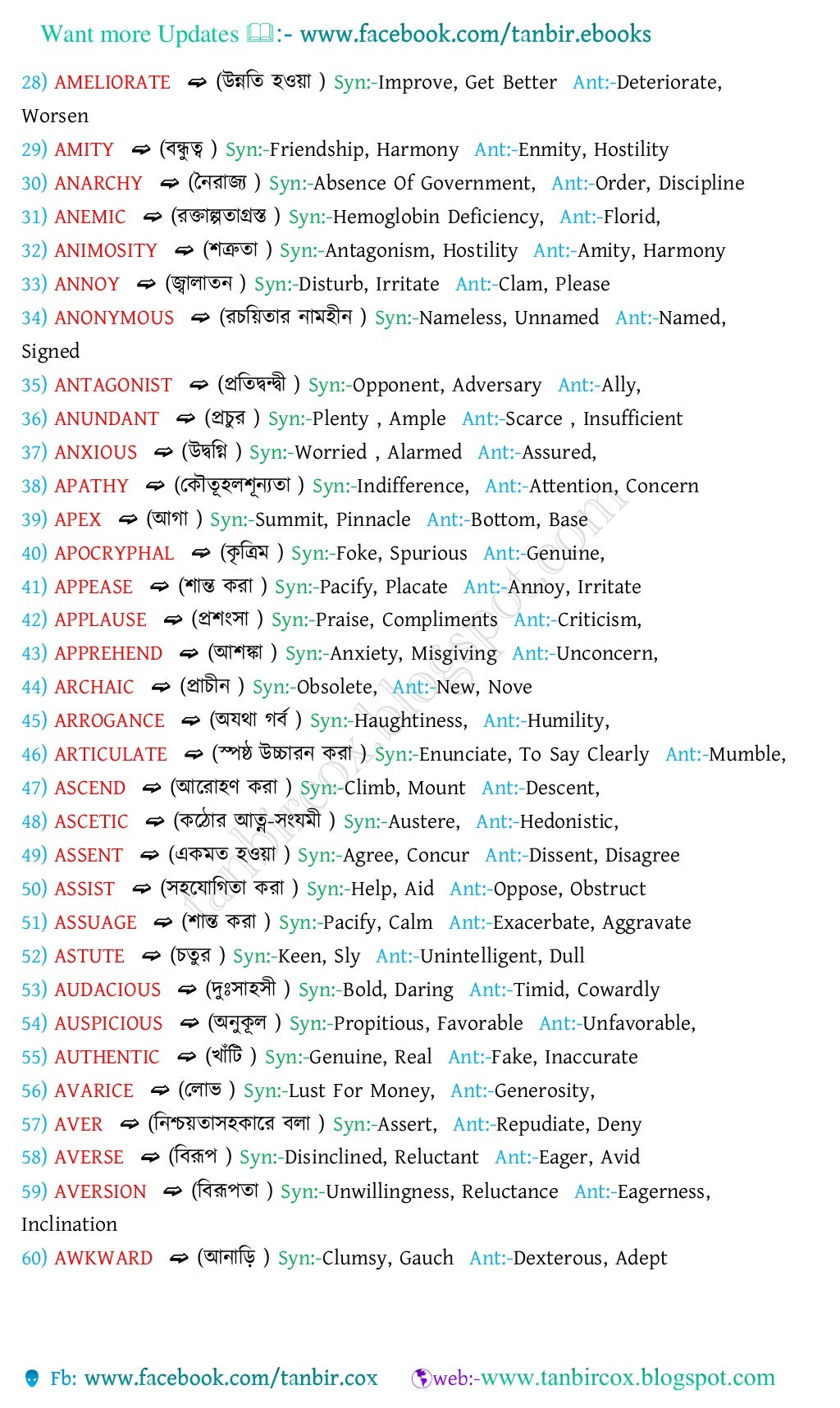 Vocabulary with bengali meanings,1000synonyms & antonyms