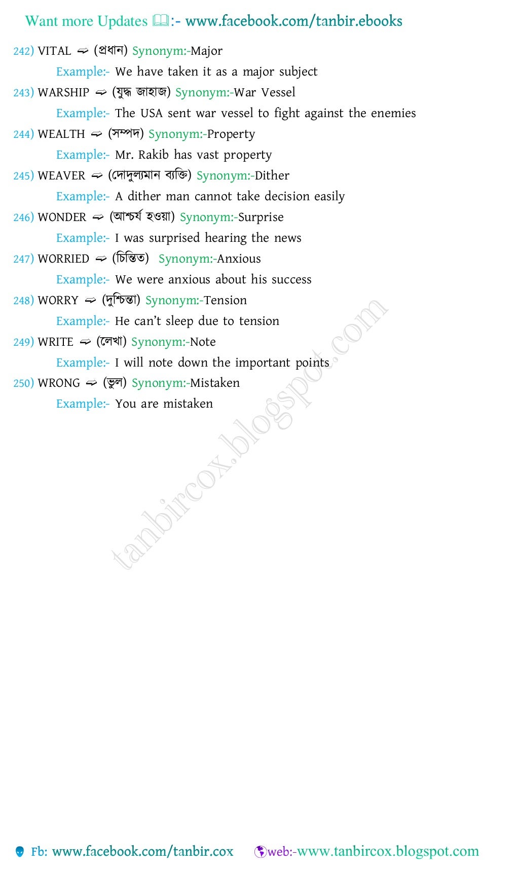 Vocabulary with bengali meanings,1000synonyms & antonyms