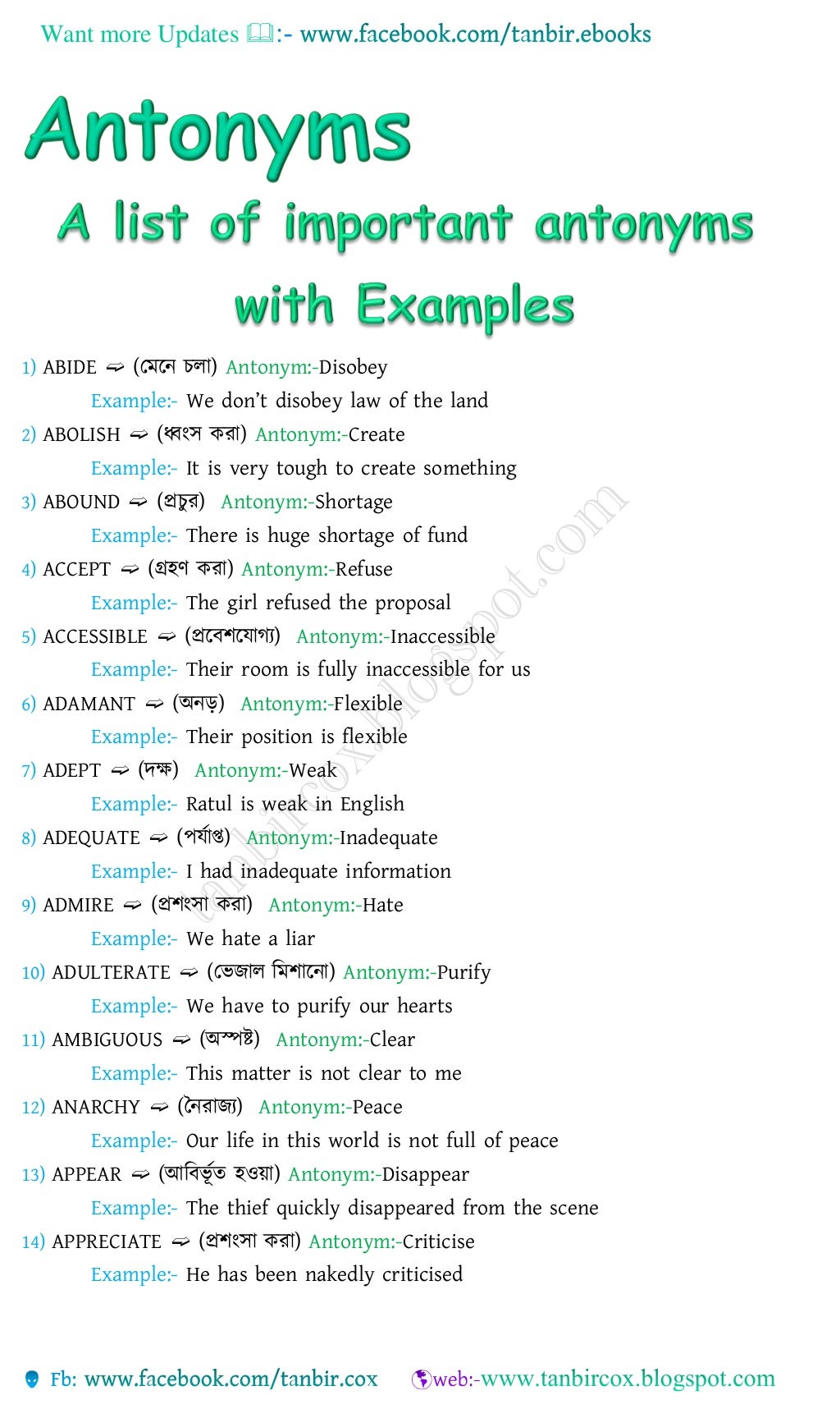 Vocabulary with bengali meanings,1000synonyms & antonyms
