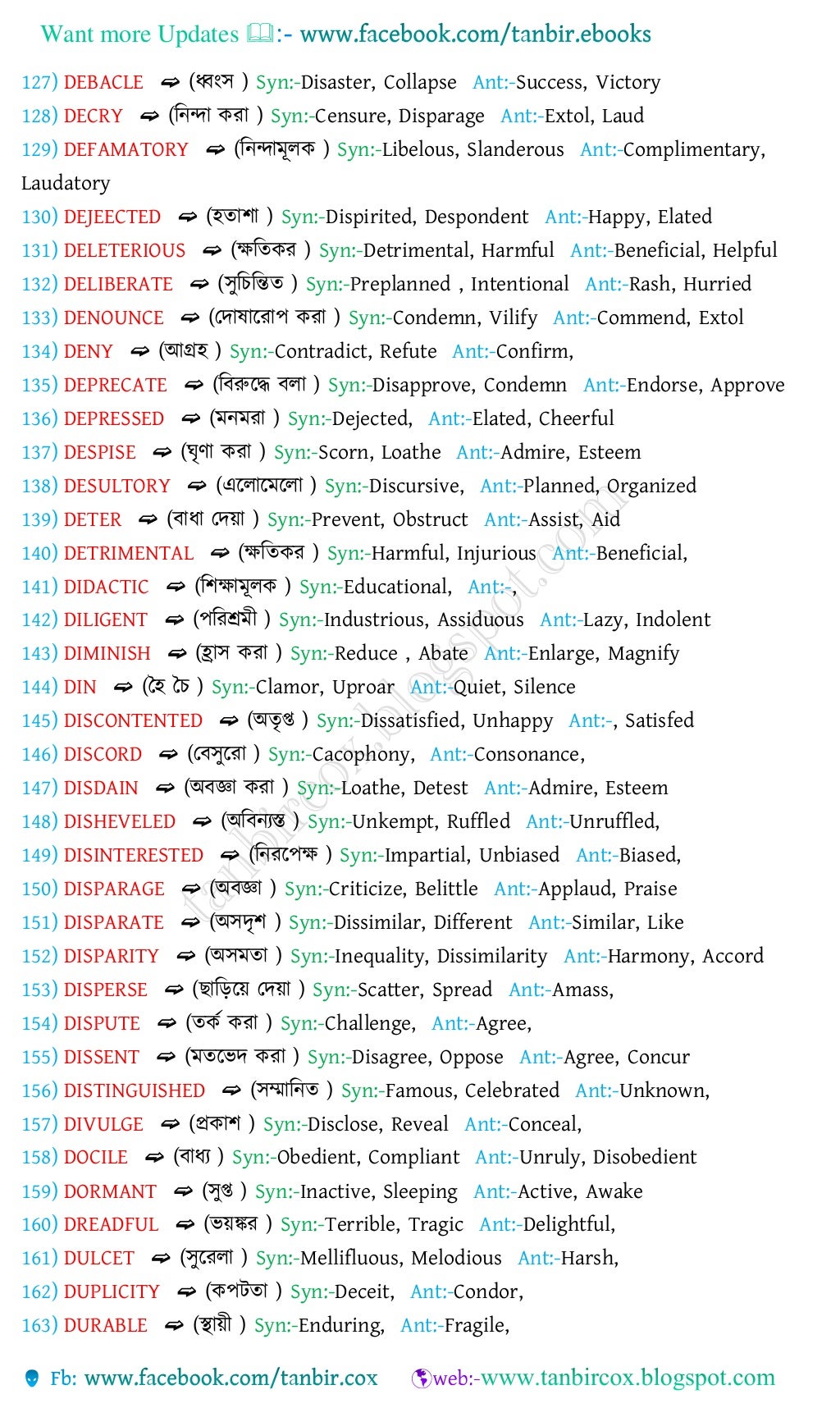 Vocabulary with bengali meanings,1000synonyms & antonyms