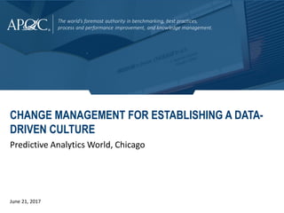 The world’s foremost authority in benchmarking, best practices,
process and performance improvement, and knowledge management.
CHANGE MANAGEMENT FOR ESTABLISHING A DATA-
DRIVEN CULTURE
Predictive Analytics World, Chicago
June 21, 2017
 