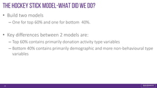 The hockey stick model-what did we do?
• Build two models
– One for top 60% and one for bottom 40%.
• Key differences between 2 models are:
– Top 60% contains primarily donation activity type variables
– Bottom 40% contains primarily demographic and more non-behavioural type
variables
28
 