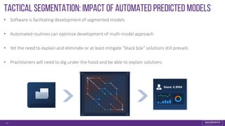Tactical segmentation: Impact of automated predicted models
• Software is facilitating development of segmented models
• Automated routines can optimize development of multi-model approach
• Yet the need to explain and eliminate or at least mitigate “black box” solutions still prevails
• Practitioners will need to dig under the hood and be able to explain solutions
32
 