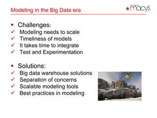 Modeling in the Big Data era
 Challenges:
 Modeling needs to scale
 Timeliness of models
 It takes time to integrate
 Test and Experimentation
 Solutions:
 Big data warehouse solutions
 Separation of concerns
 Scalable modeling tools
 Best practices in modeling
5
 