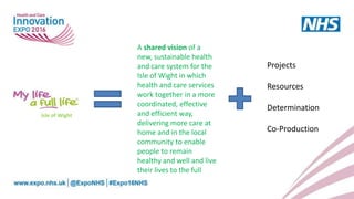 A shared vision of a
new, sustainable health
and care system for the
Isle of Wight in which
health and care services
work together in a more
coordinated, effective
and efficient way,
delivering more care at
home and in the local
community to enable
people to remain
healthy and well and live
their lives to the full
Projects
Resources
Determination
Co-Production
Isle of Wight
 