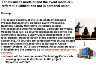 Concept: The course consists of the fields of study Business Process Management, Complex Event Processing, Business Activity Montoring included Business Intelligence and Data Warehousing, Computer Networks, Messaging as well as several application disciplines like Algorithmic Trading, Supply Chain Management in the retail domain, fraud detection in the banking and insurance domain etc. All courses are completed with course-related tests and Credits (cr) according to European Credit Transfer System (ECTS) are awarded. All courses are given in English and are designed as  distance learning/eLearning courses . ->  course will be based on a new Technology-Enhanced-   Learning approach, developed in the project    “CloudBox-edBPM“ The business modeler and the event modeler – different qualifications not in personal union 