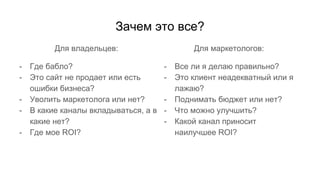 Зачем это все?
Для владельцев:
- Где бабло?
- Это сайт не продает или есть
ошибки бизнеса?
- Уволить маркетолога или нет?
- В какие каналы вкладываться, а в
какие нет?
- Где мое ROI?
Для маркетологов:
- Все ли я делаю правильно?
- Это клиент неадекватный или я
лажаю?
- Поднимать бюджет или нет?
- Что можно улучшить?
- Какой канал приносит
наилучшее ROI?
 