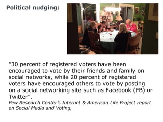 Political nudging:




”30 percent of registered voters have been
encouraged to vote by their friends and family on
social networks, while 20 percent of registered
voters have encouraged others to vote by posting
on a social networking site such as Facebook (FB) or
Twitter”.
Pew Research Center’s Internet & American Life Project report
on Social Media and Voting,
 
