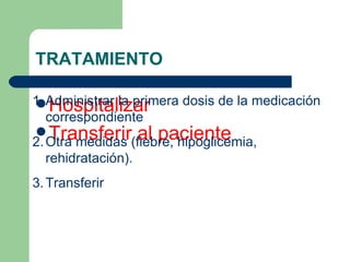 TRATAMIENTO Hospitalizar Transferir al paciente Administrar la primera dosis de la medicación correspondiente Otra medidas (fiebre, hipoglicemia, rehidratación). Transferir 