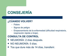 CONSEJERÍA ¿CÚANDO VOLVER?   Fiebre Signos de peligro Empeoramiento de la enfermedad (dificultad respiratoria, respiración rápida o tiraje). CONSULTA DE CONTROL NEUMONÍA: 2 días después. NO NEUMONÍA: 5 días.  Tos que dure más de 14 días, transferir. 