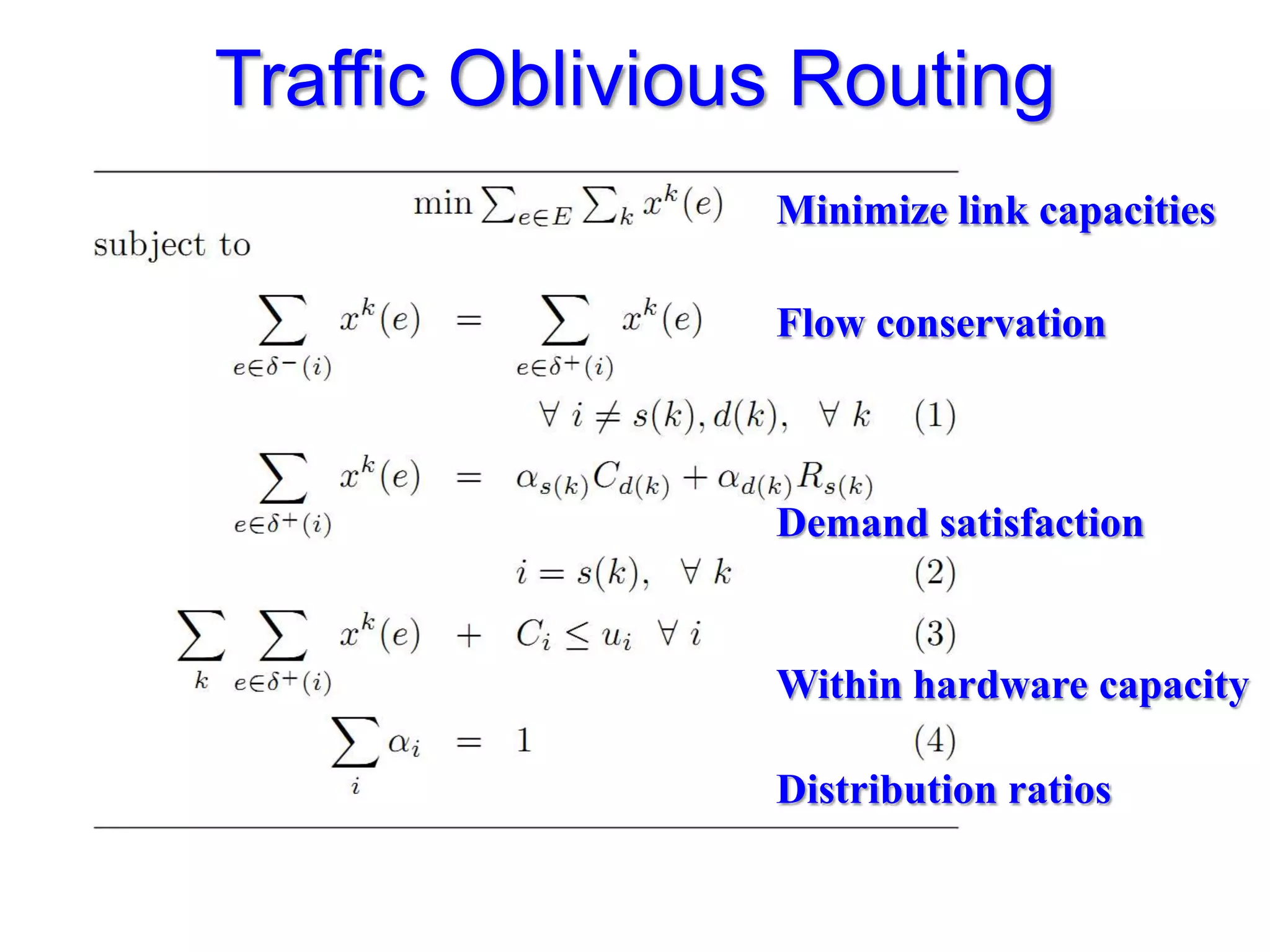 Traffic Oblivious Routing
                Minimize link capacities

                Flow conservation



                Demand satisfaction


                Within hardware capacity

                Distribution ratios
 