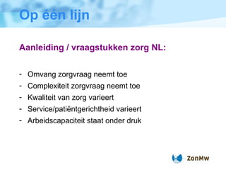 Op  één lijn Aanleiding / vraagstukken zorg NL: Omvang zorgvraag neemt toe Complexiteit zorgvraag neemt toe Kwaliteit van zorg varieert Service/patiëntgerichtheid varieert Arbeidscapaciteit staat onder druk 